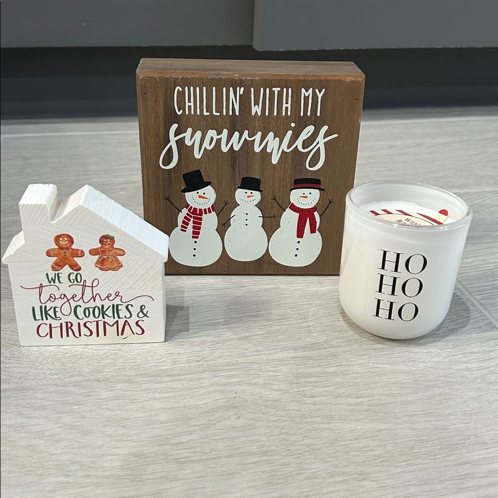 Festive Holiday Decor- Wood Snowman sign, Cookie House sign and white candle